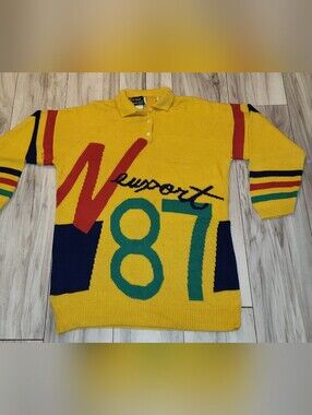 Vintage Michel Sport 'Newport 87' Knit Polo - Yellow Multi Size Medium